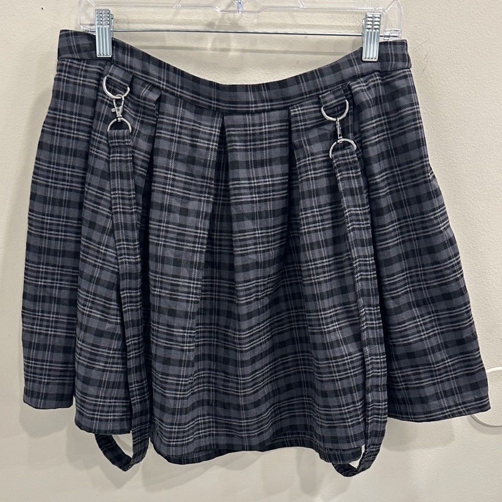 Hot Topic Gray Black Plaid Suspender Skirt Pleated Mini Detachable Straps Goth L
